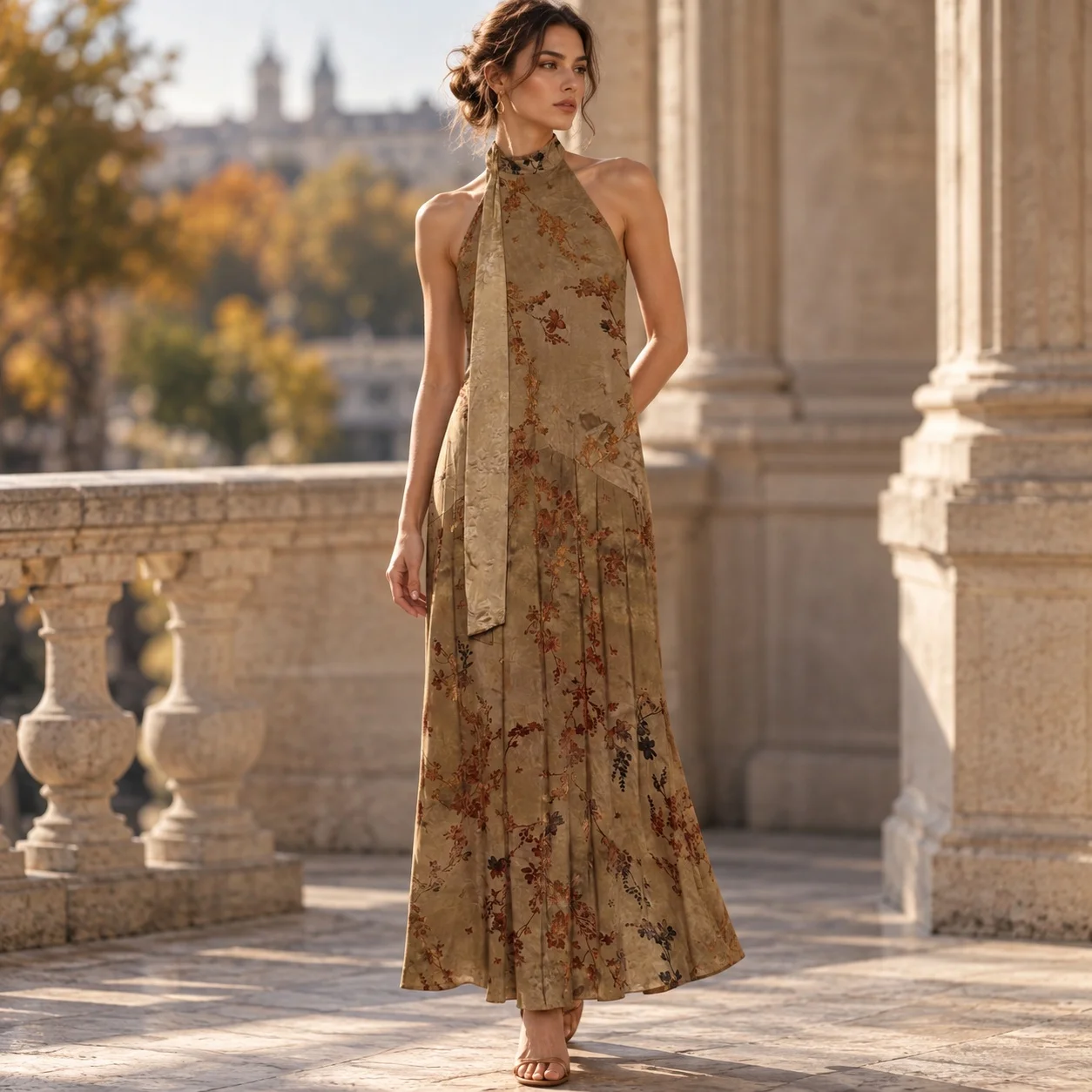 Halter Neck Patchwork Dress Mid Length Commuter Chic with Sleeveless Midi Length 3D Pattern Elegant Autumn Dresses for Women