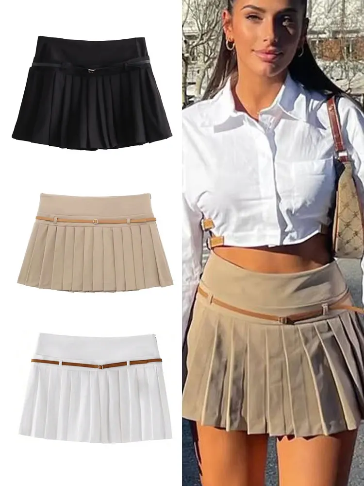

HH Elegant Womens High Waist Belted Zip Pleated Mini Skirt Summer High Street Casual Fashion Party Vacation Beach Shorts Skirts