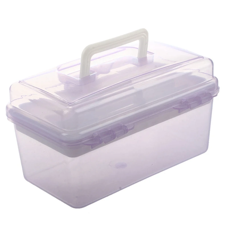 2X Plastic Handle 2 Layer Hardware Tools Storage Box, Clear Purple