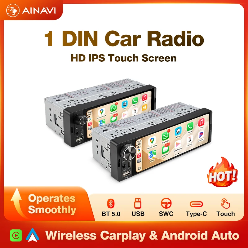 AINAVI Universal 1Din Kabelloses Carplay Android Auto 6,36 Zoll HD IPS Touchscreen Autoradio Multimedia MP5 Stereo BT 5.0 USB Typ C TF AUX K40 K40S Voiture Autoradio Pantalla Para Coche Samochodowe