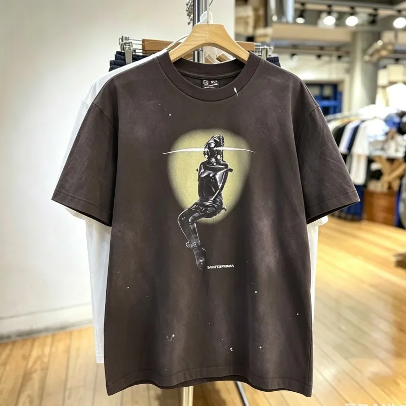 Summer Vintage Street Saint T-shirts Washed Black Splashing Ink Dots Cotton Short Sleeve Hiphop Casual Loose Men Women Tops