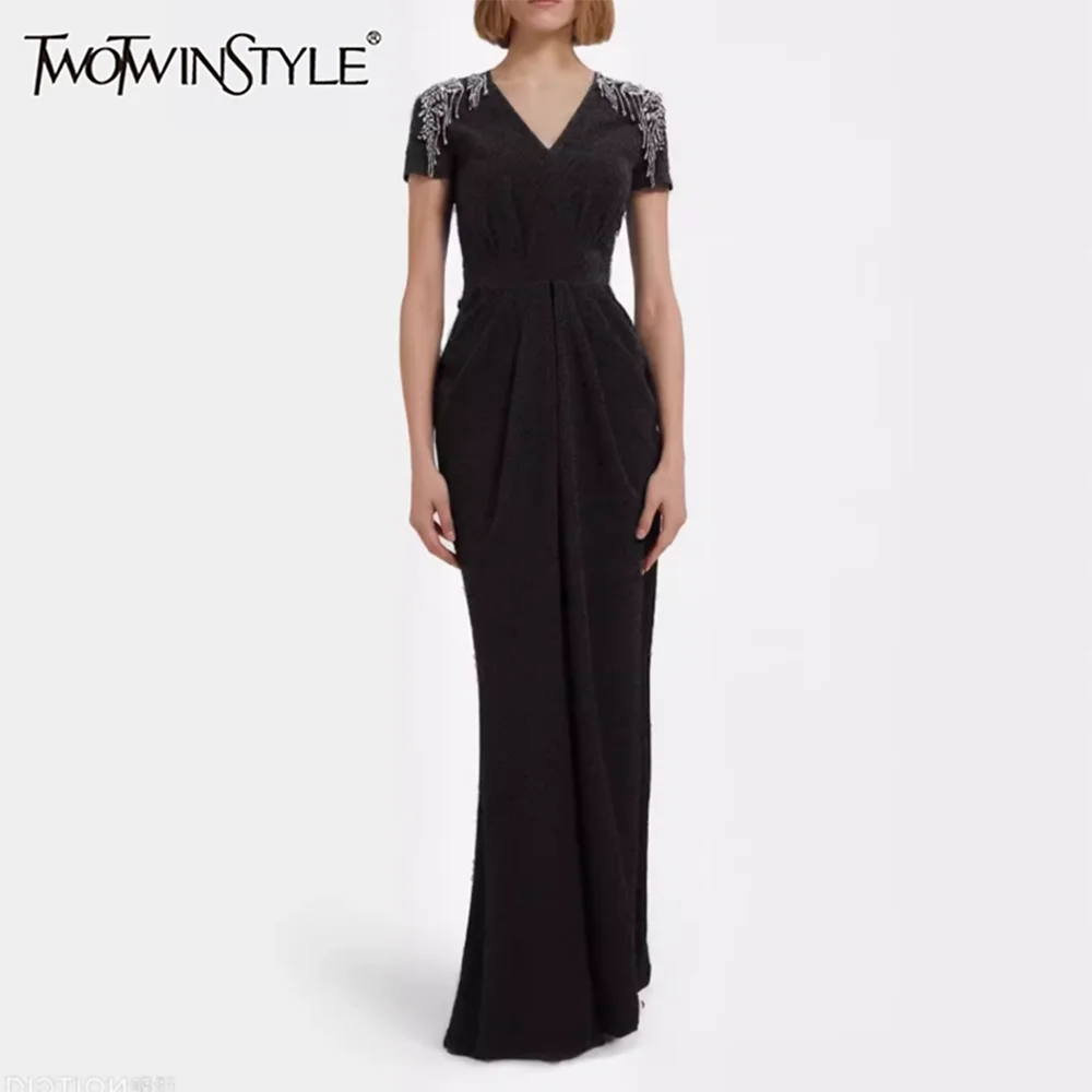 

TWOTWINSTYLE Solid Spliced Bead Elegant Dresses for Women V Neck Short Sleeves Patchwork Folds Temperament Dress Female Clothing