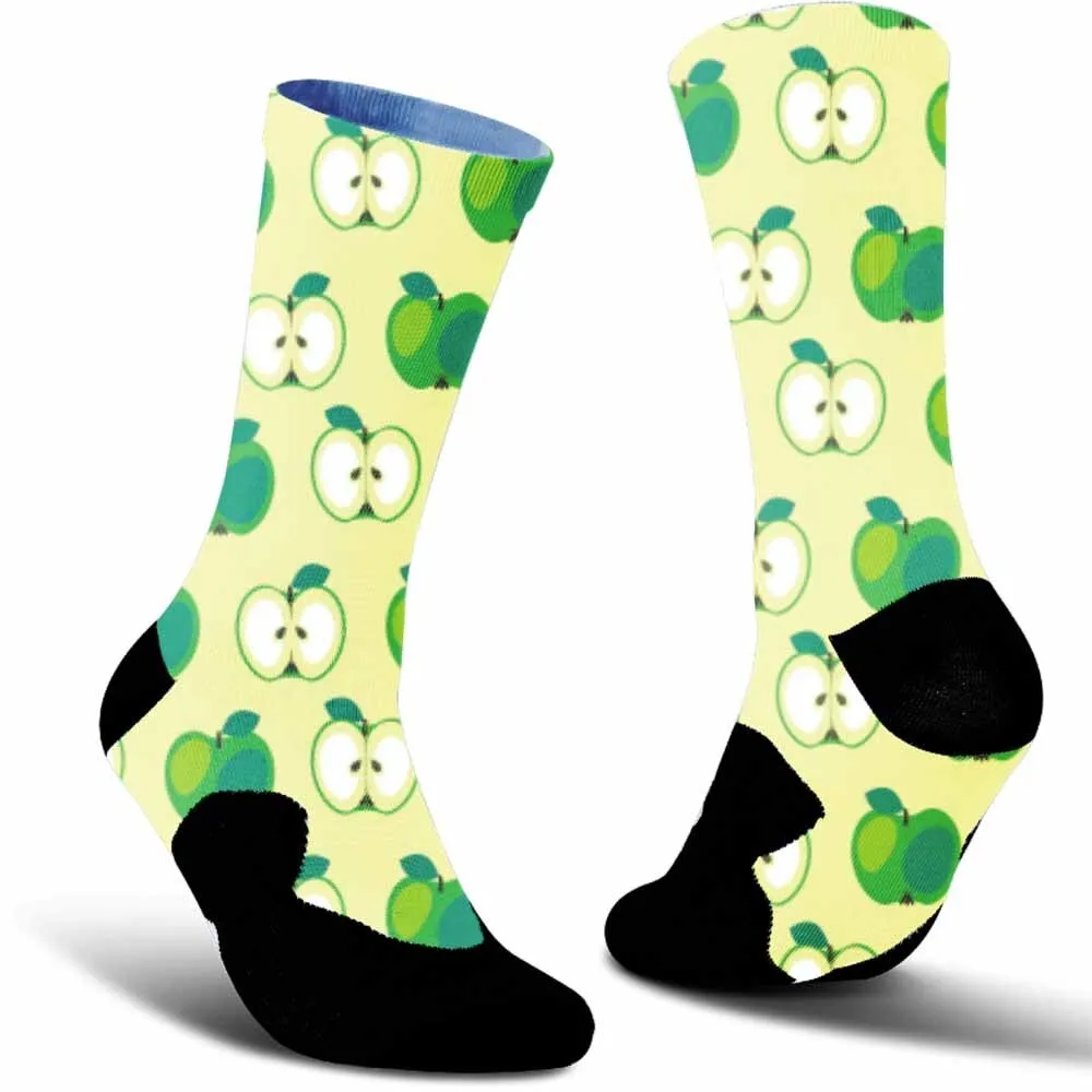 Creative green apple pattern sports cycling socks, fashionable trend, unisex, sweat absorbing, durable, bicycle accessory gift