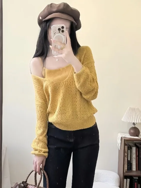 

Faionable Knitted Denim Tee-Piece Set Women's Layering Design Summer Breathable Polyester round Ne Pullover Top