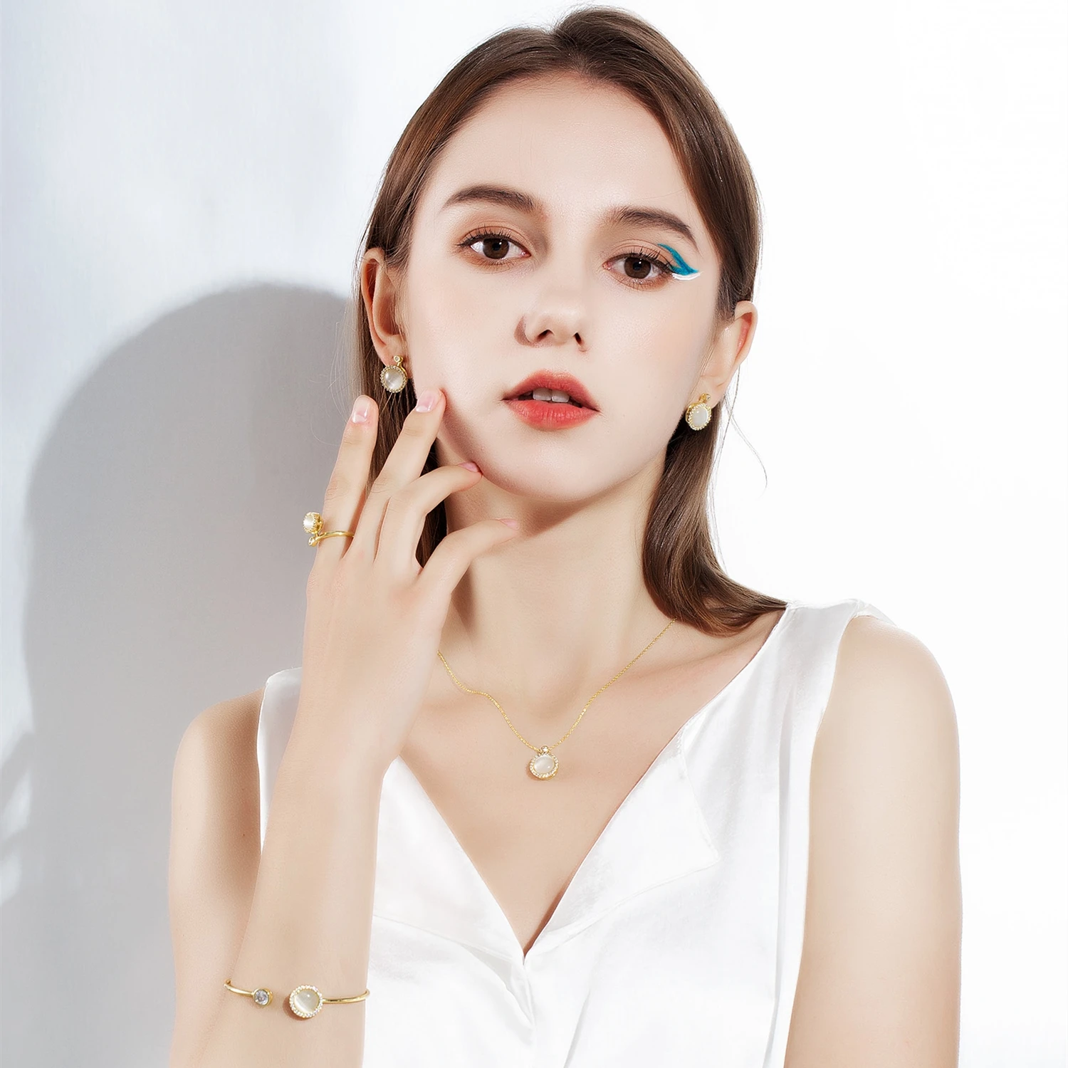 18k Opal Gold Plated Earrings 925 Silver Needle Cat's Eye Gemstone Rotatable Adjustable Jewelry for Women Wholesale Dropshipping