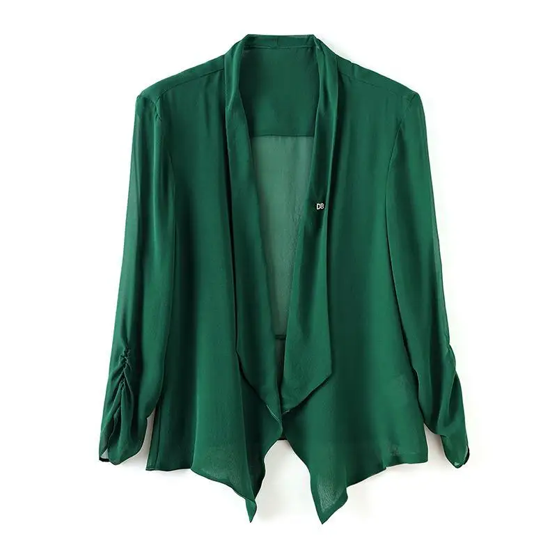 우아한 라펠 스플라이스 솔리드 컬러 폴드 셔츠 여성 의류 2025 여름 신상 루즈핏 올매치 탑 오피스룩 블라우스