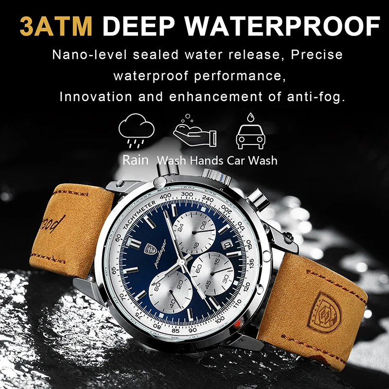 POEDAGAR Luxury Sports Watch for Man Waterproof Luminous Date Chronograph Men Watch Leather Quartz Men\'s Watches Clock Reloj+box