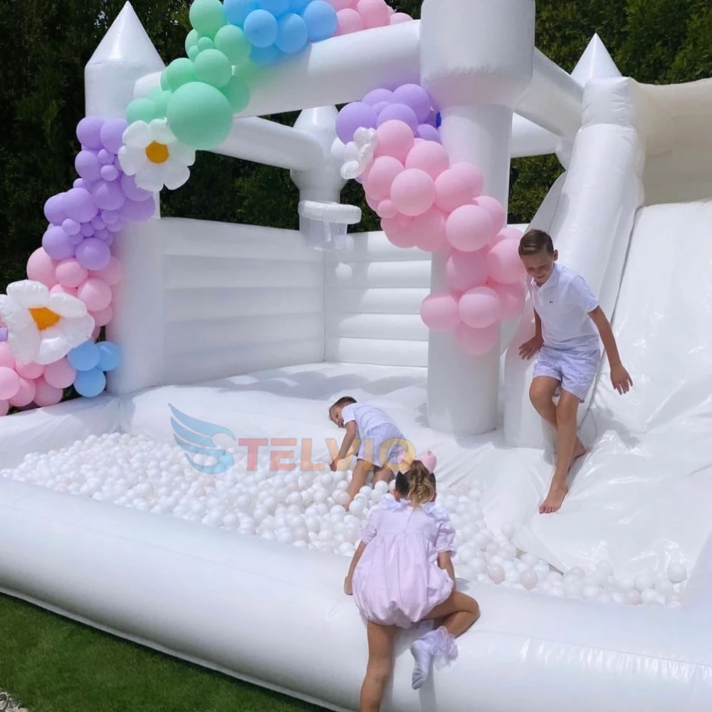 Château Gonflable Blanc pour Enfant et Adulte, Maison à Rebond avec Balle, Toboggan, ix, 13,8 Pieds