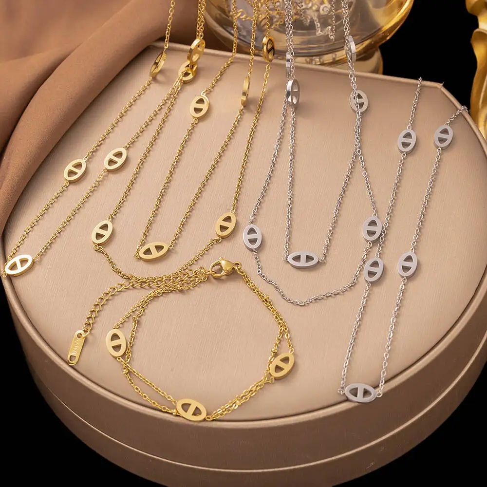 Layering Titanium Steel Set Hollow Oval Charm Long Necklace Short Choker Adjustable Bracelet Stacking Jewellery Gift For Women