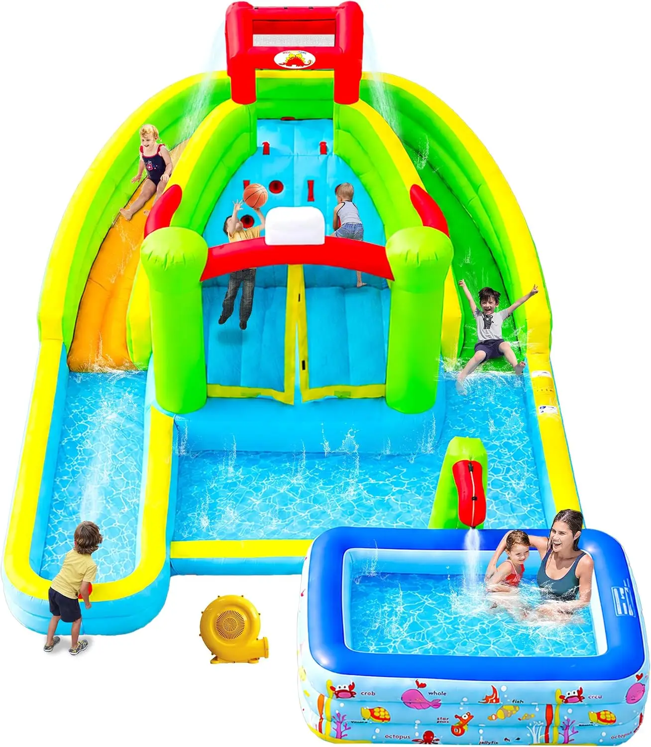 Inflatable Water Slide, 8 in 1 Bounce House with Double Long Slides, Jumping Castle for 4 Kids Ages 3-10, 520W Blower Waterslide
