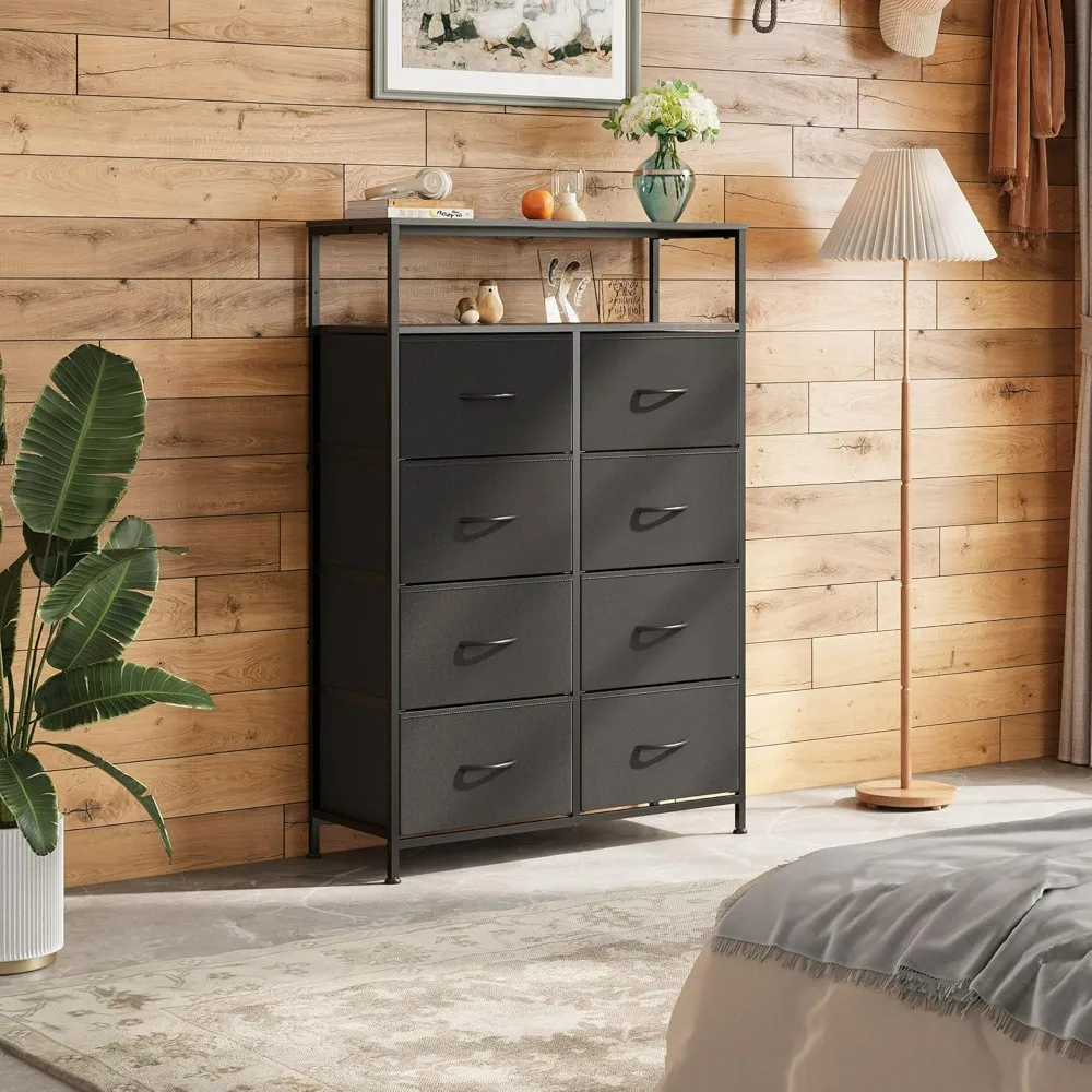 WLIVE Black 8-Drawer Fabric Dresser with Open Shelves Storage Tower Fabric Bins Chest of Drawers For Bedroom Living Room Closet