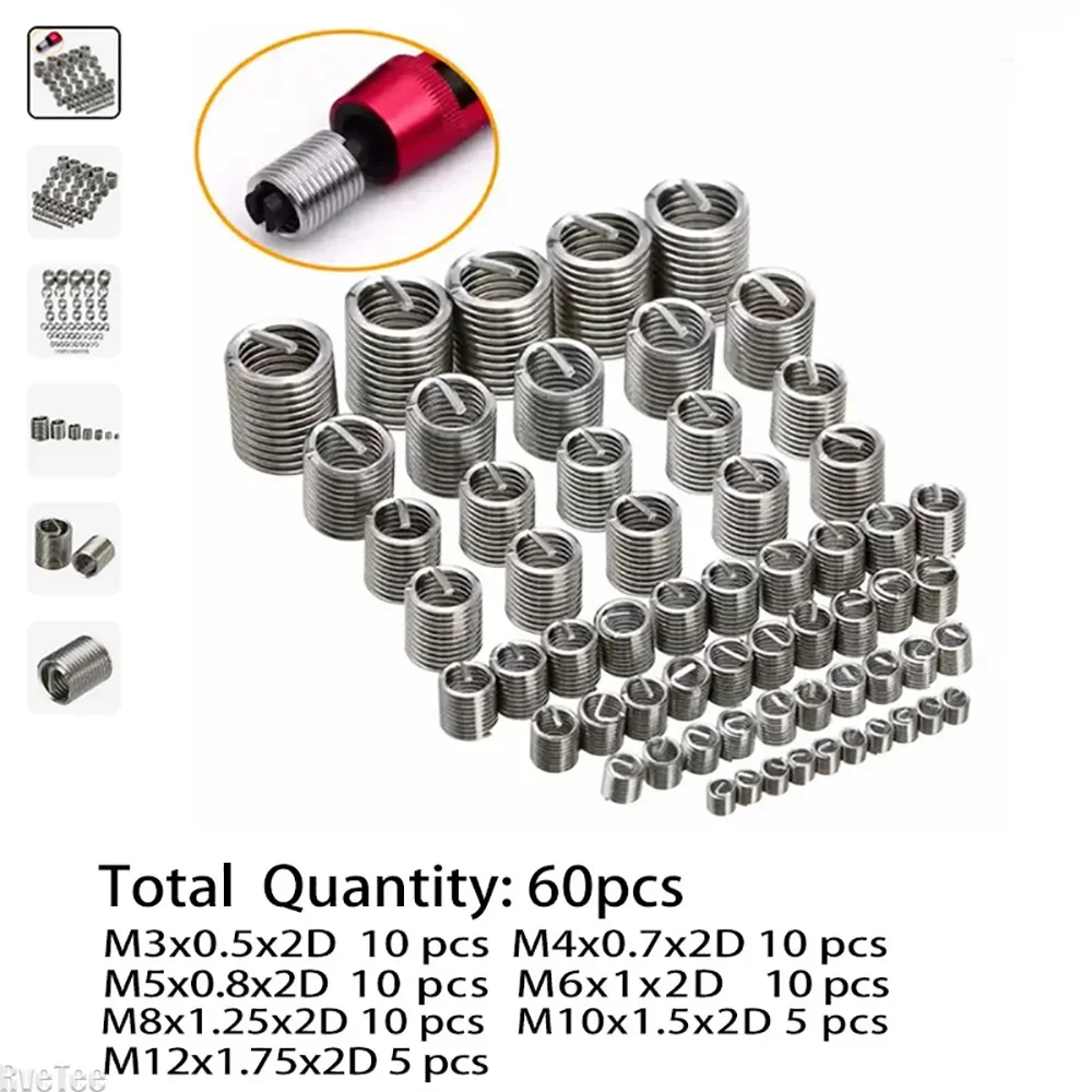 

60Pcs Wire Thread Insert M3 M4 M5 M6 M8 M10 M12 Wear Repair Kit Fastening Thread Insert Stainless Steel Spiral Wire Screw Sleeve