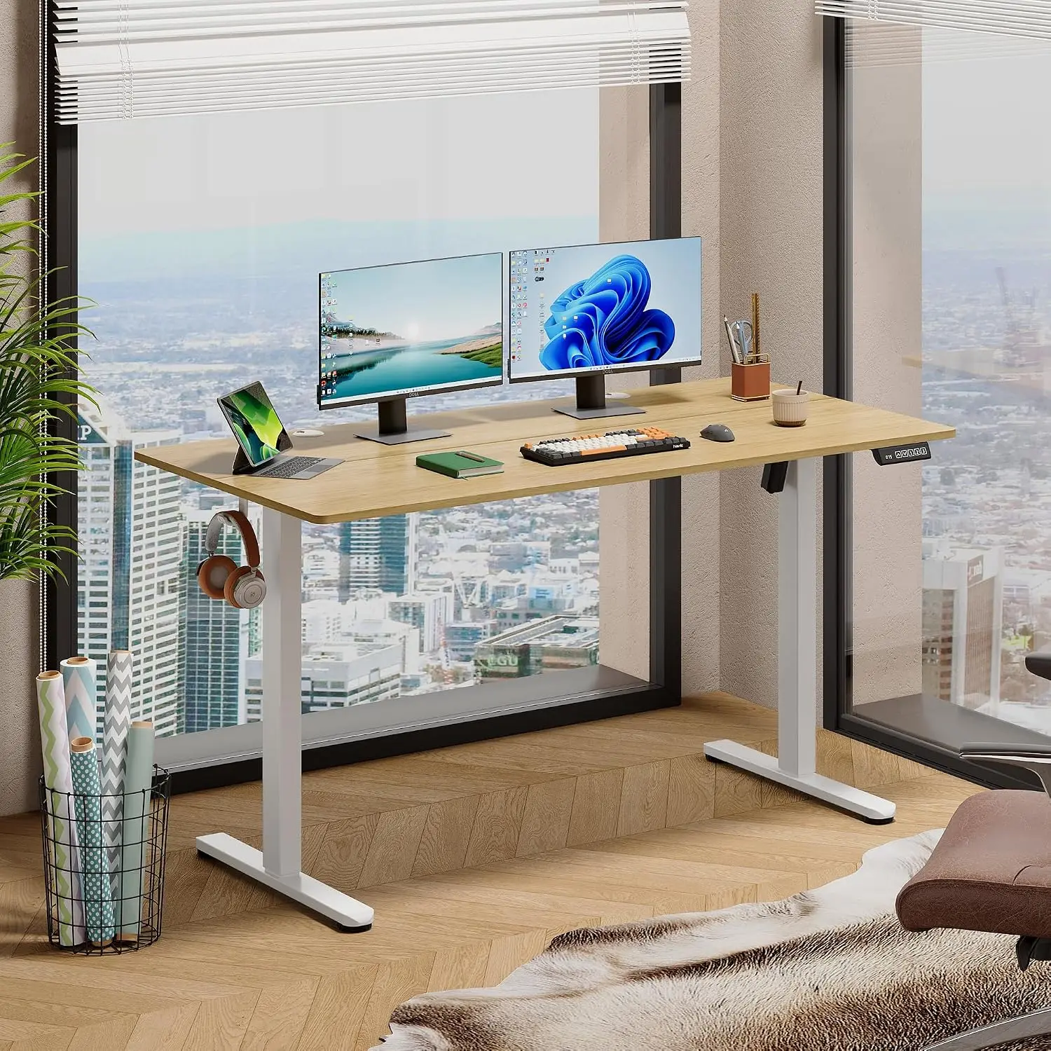 55 inch split top standing desk computer desk maple led touchscreen headphone hook memory preset home office