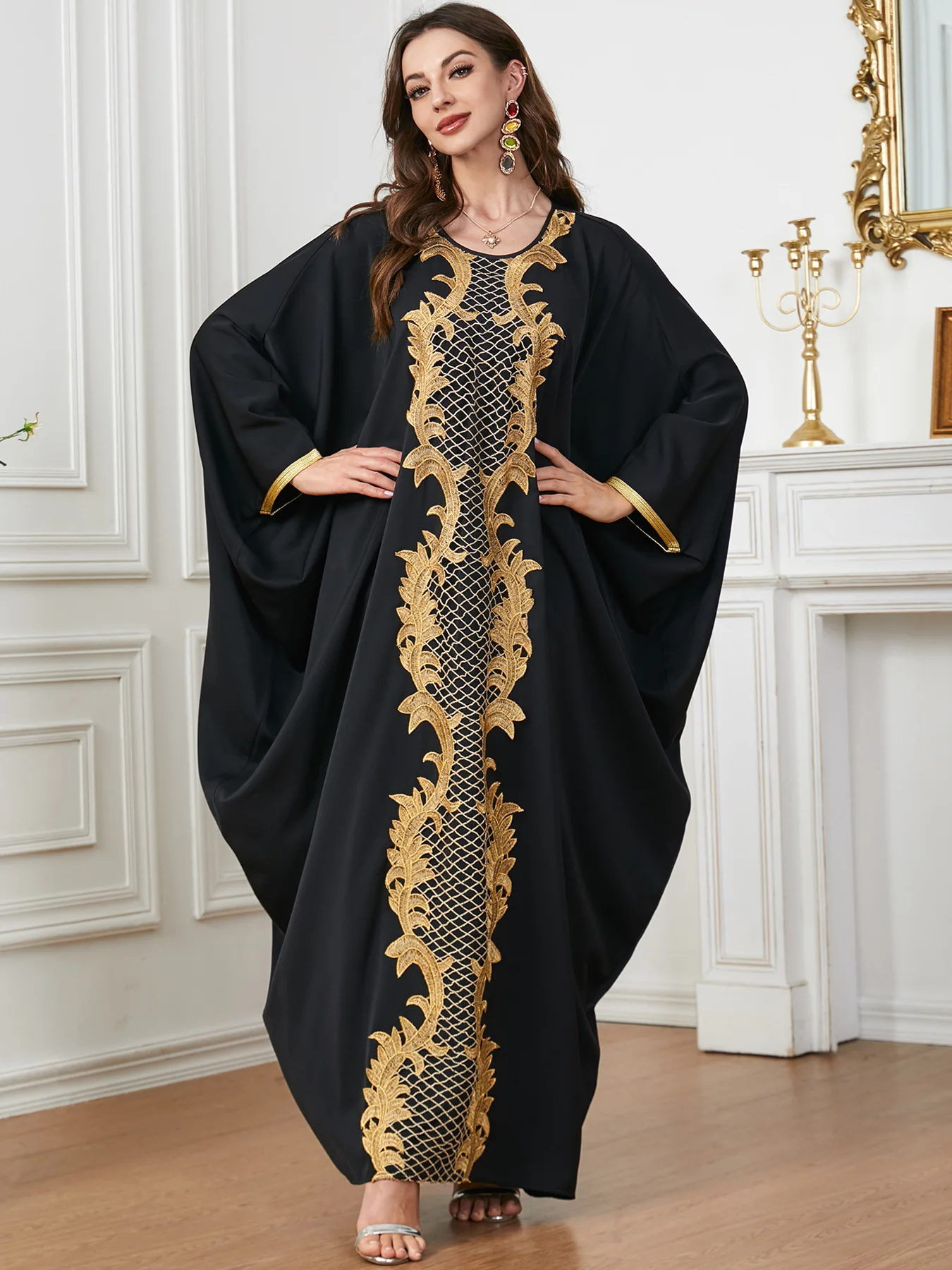 

Modest Muslim Batwing Sleeve Embroidery Kaftan Black Corban Eid Al Adha Party Evening Dress Moroccan Turkey Dubai Abaya Ramadan