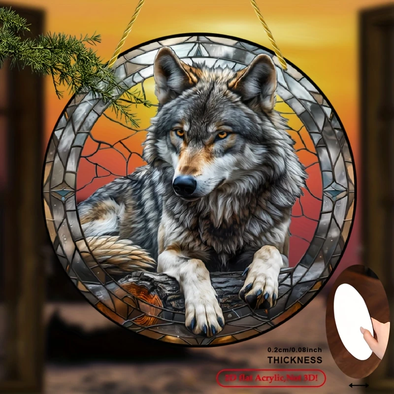 2D Flat, 1pc Bohemian Stained Glass Style Gray Wolf Round Acrylic Sun Catcher Hanging Ornament - 2D Flat Window Hanger for Home