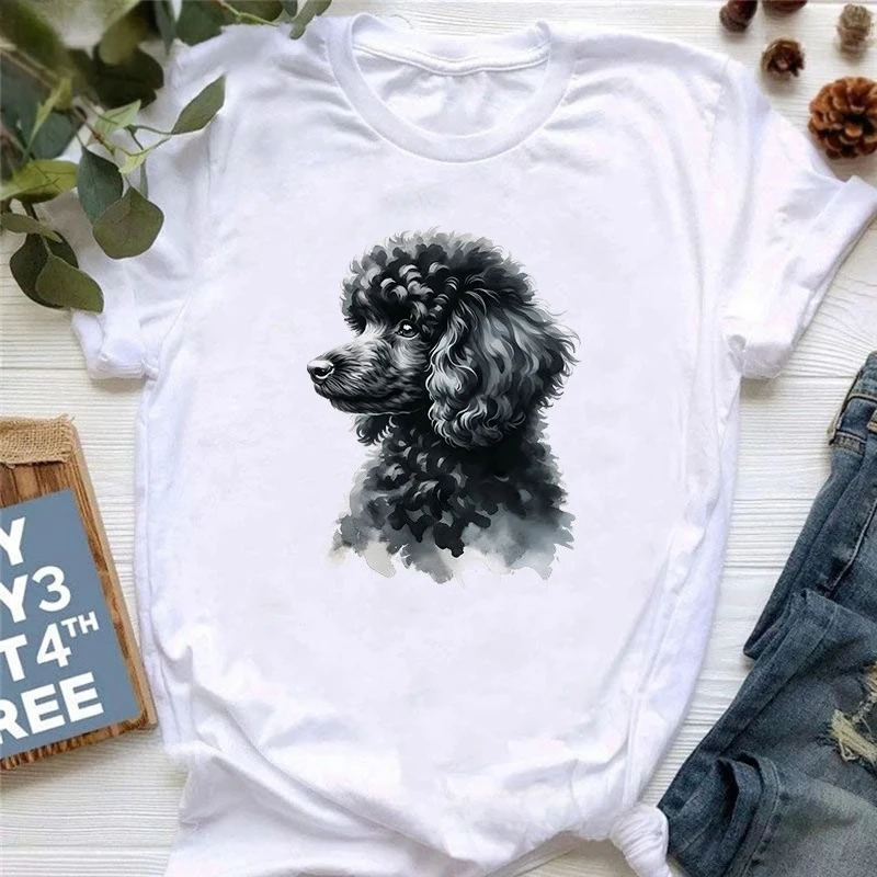Black Poodle Puppy Animal Printed Tshirt Girls Kawaii Dog Lover T Shirt Women Harajuku Shirt Summer Fashion T-Shirt Female Y2K