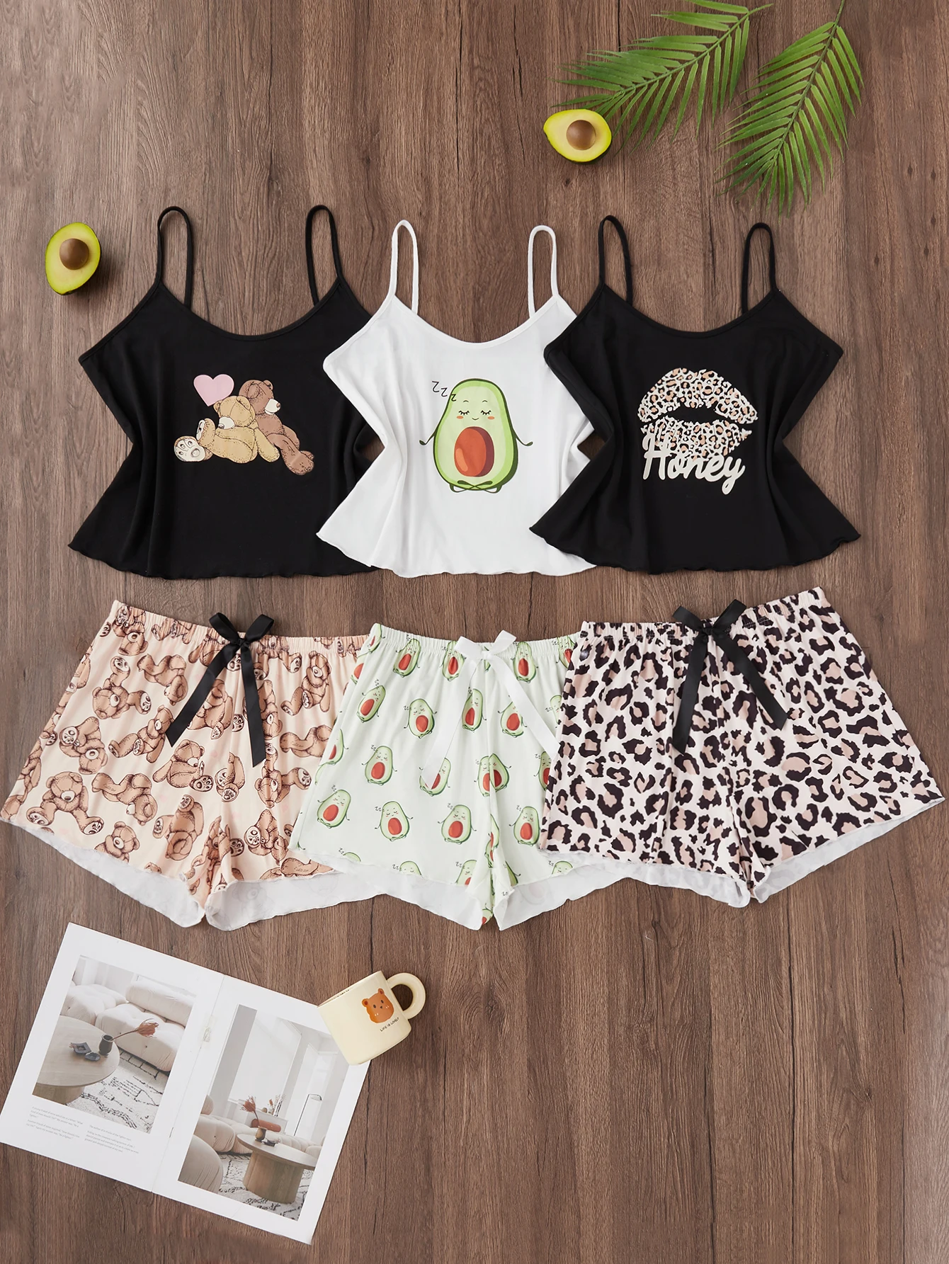 

Six-piece women's new style leopard print halter shorts, cartoon bear pattern casual home wear, soft and comfortable pajama set