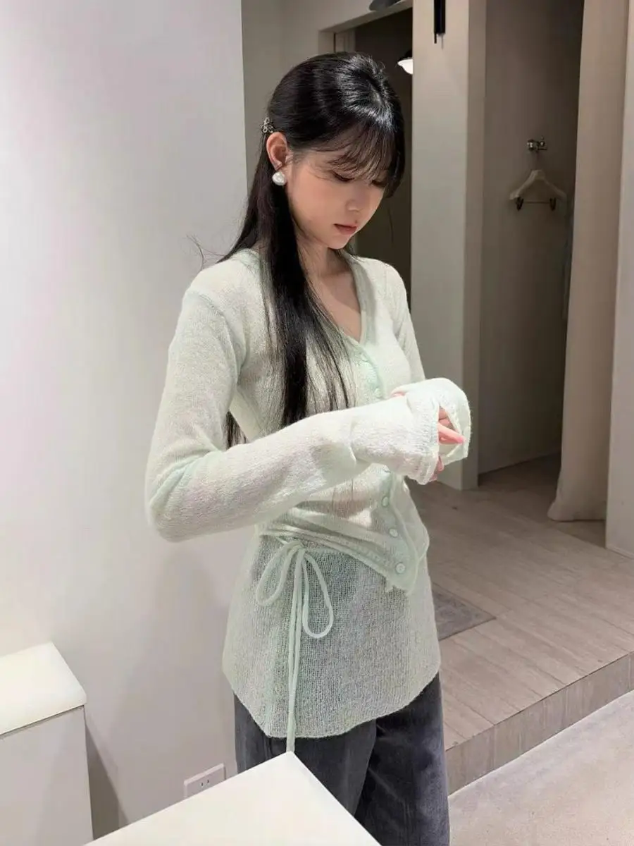 

Женский вязаный кардиган с V-образным вырезом, длинными рукавами, утягивающий талию, для защиты от солнца, из мягкого высококачественного акрилового материала