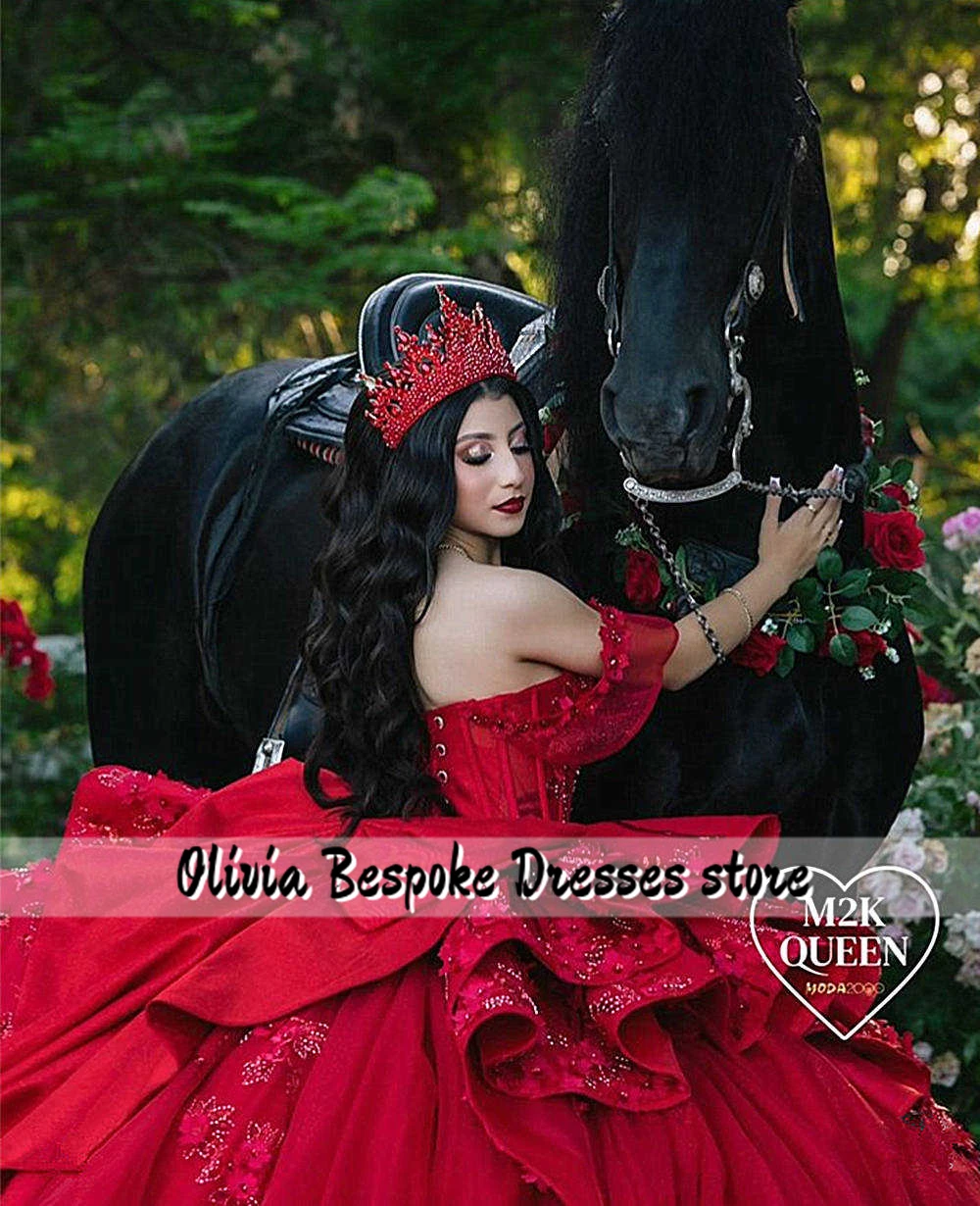 Vestidos de quinceañera con volantes y lazo rojo, Apliques de encaje con cuentas, vestido de baile de tren fruncido de tul, vestido de fiesta de boda mexicano