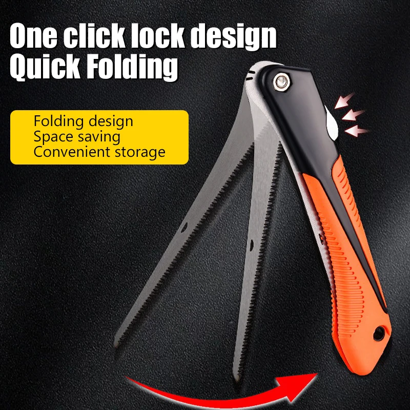 1Pc Manual Folding Saw SK5 Steel One-Button Folding Design Hand Saw Ergonomic Non-Slip Grip Handle Sharp Cutting Wood Garden Saw