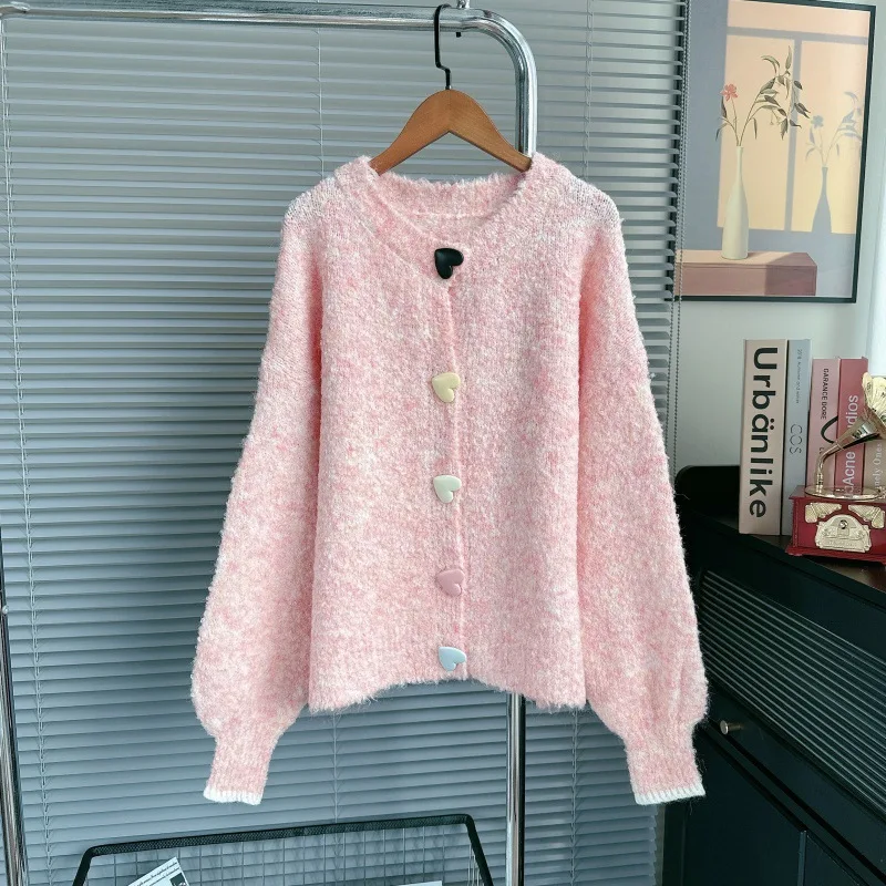 

Вязаный кардиган с пуговицами Love, женский новый нежный ленивый стиль, мягкий свитер с круглым вырезом, осень-зима, новая коллекция, свободный топ