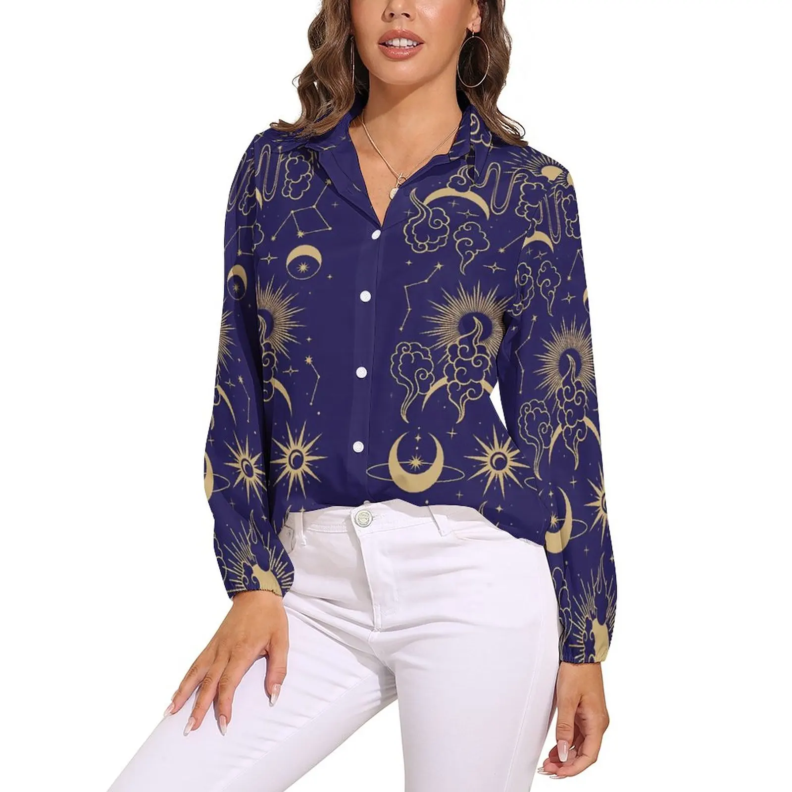 Blusa de astrología Retro para mujer, blusa estampada de Luna Celestial, camisa de estilo callejero de manga larga, Top de gran tamaño