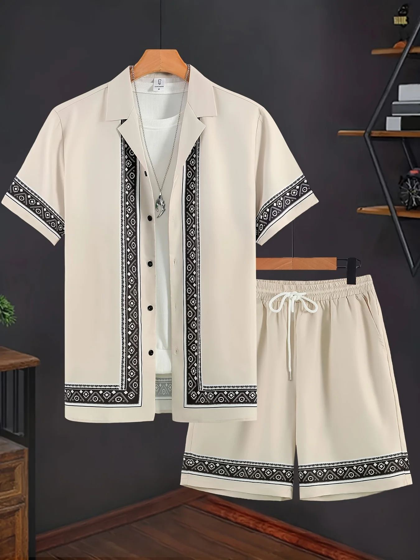 Ethnic Style Men's 2pcs Set Geometric Print Casual Outfits Short Sleeve Button Lapel Shirt Drawstring Shorts Summer Fashion Suit