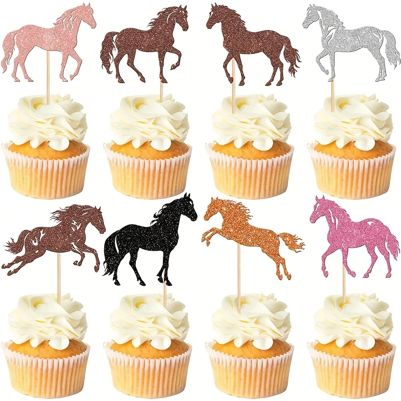 16 Stück Holzpferde-Cupcake-Topper, Glitzernde Mehrfarbige Reitsport-Kuchendekorationen mit 4 Stilen für Pferderennen, Geburtstag