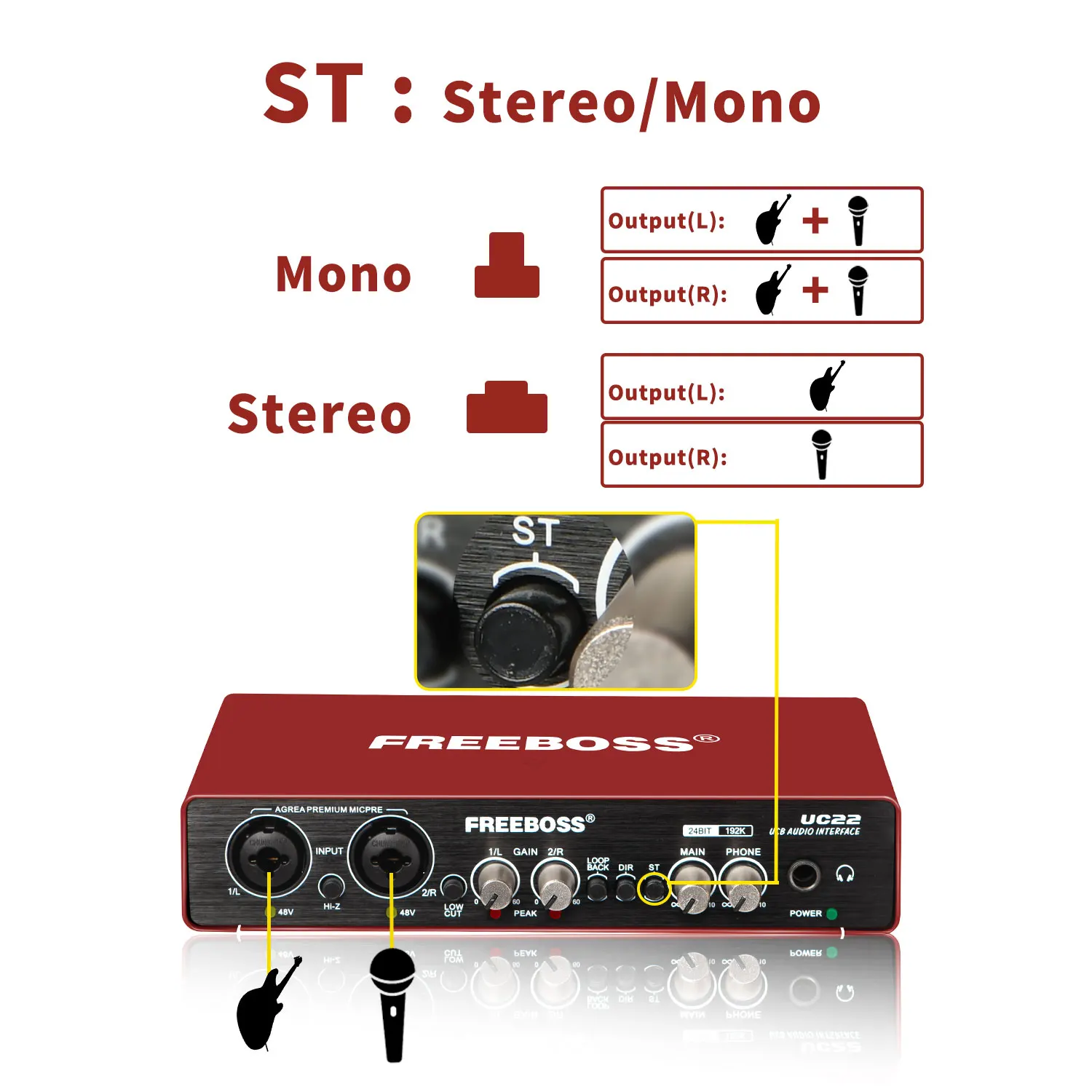 Imagem -06 - Boss-interface Áudio para Estúdio Placa de Som Usb 24bit 192khz Loopback Externo Gravação de Guitarra Monitor Estéreo Soundcard para Estúdio Uc22