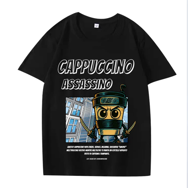 

Cappuccino Assassino Comic Style Italian Brainrot T Shirt men women Oversized 100% Cotton short sleeve Summer print Unisex tops