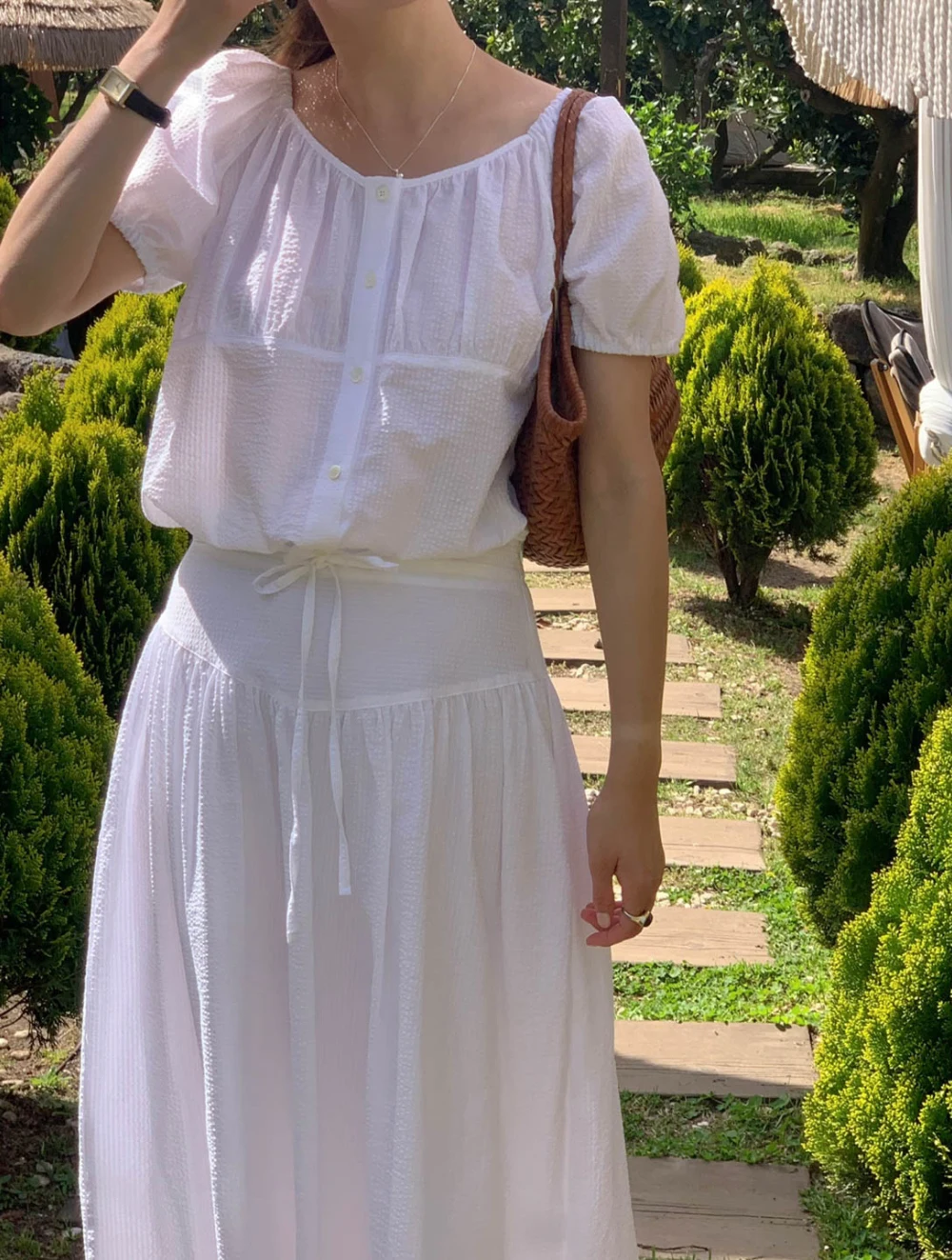 

Loose Women's irt Bubble Sve Striped High Waist Skirt Set Cotton Casual Faion Summer Outfit Wide Leg Pants