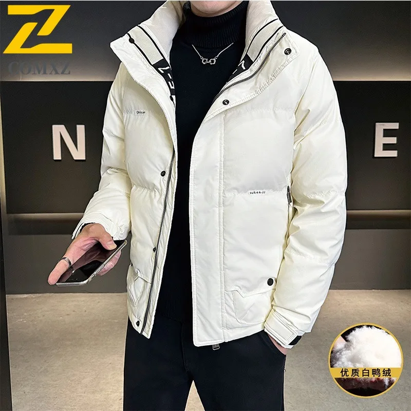 COMXZ 2025 Winter Couple Solid Color Stand Collar Down Jacket Men Women Thickened Warm Trendy White Duck Feather Parka Coat