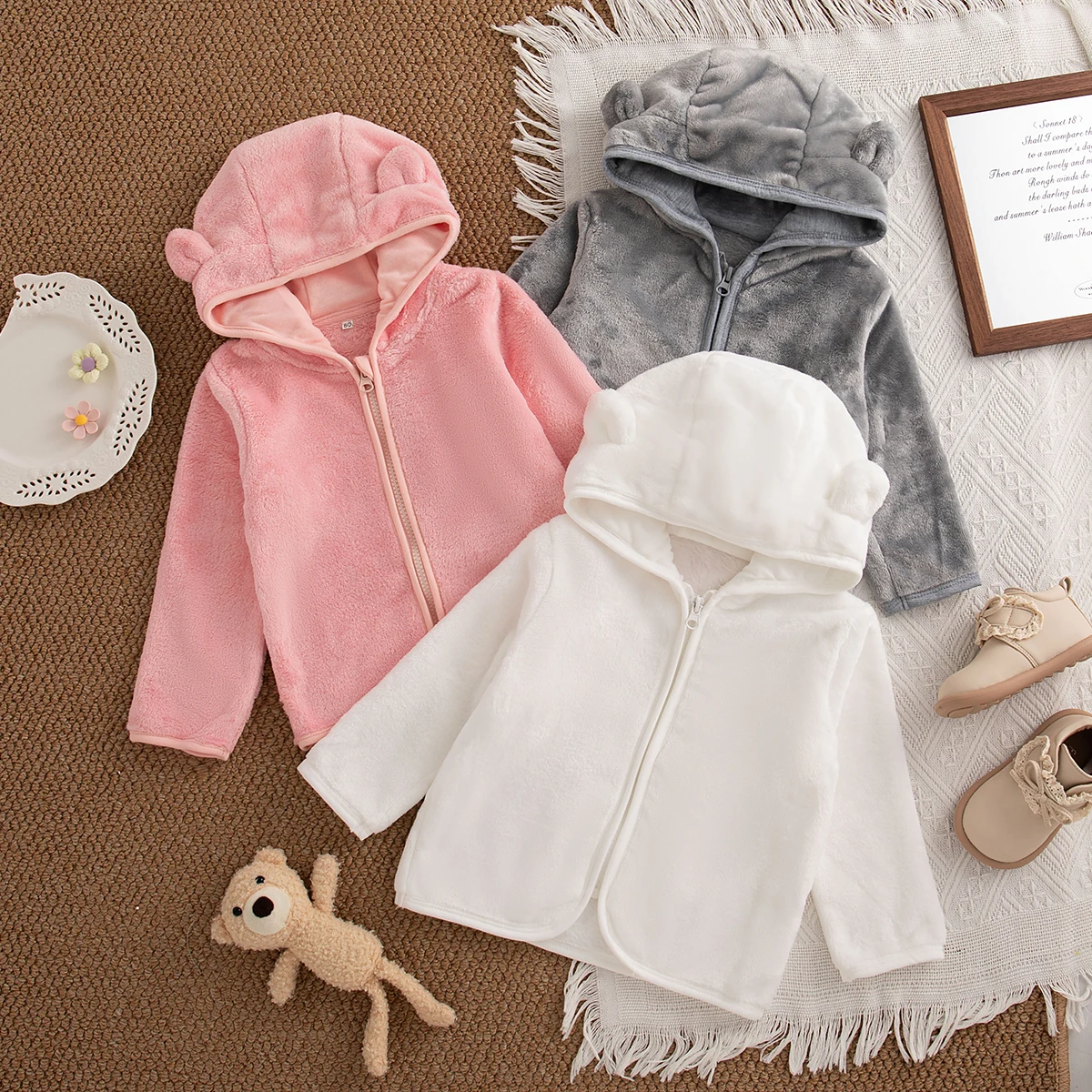 

Baby Girl Outerwear Autumn And Winter Cotton Solid Color Hooded Ear Baby Jacket Cartoon Simple Warm Girl Tops Baby Clothing