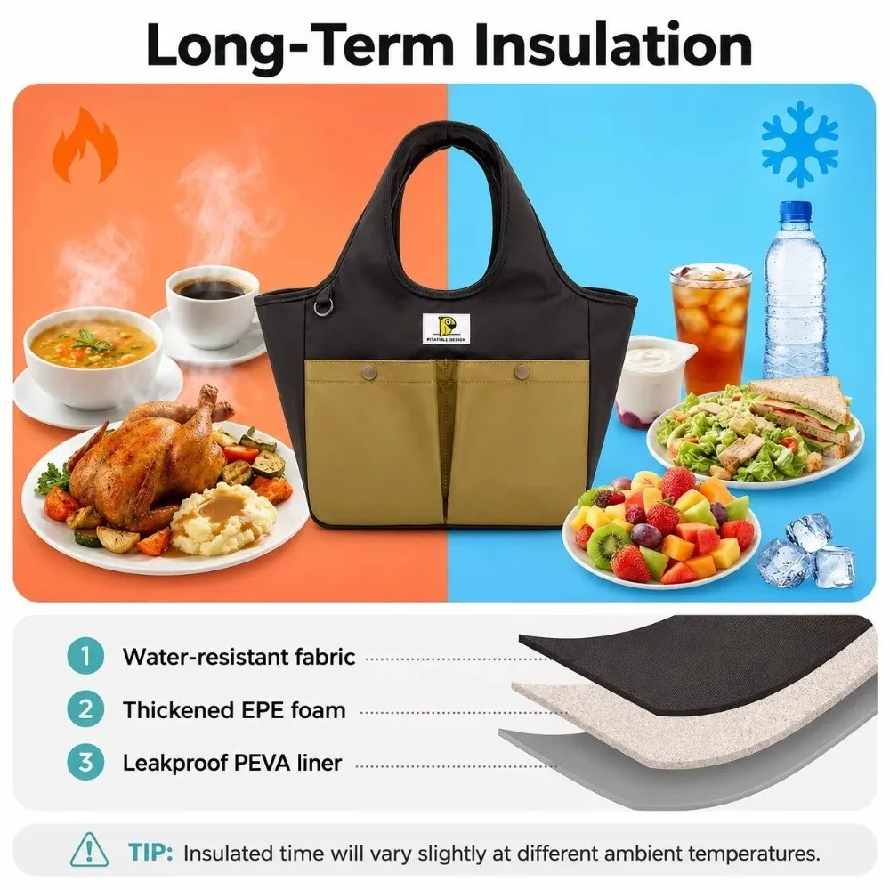 Waterproof Insulated Lunch Bag Large Capacity Multi Pockets Handbag Storage Bag Portable Durable Zipper Lunch Box Carrier