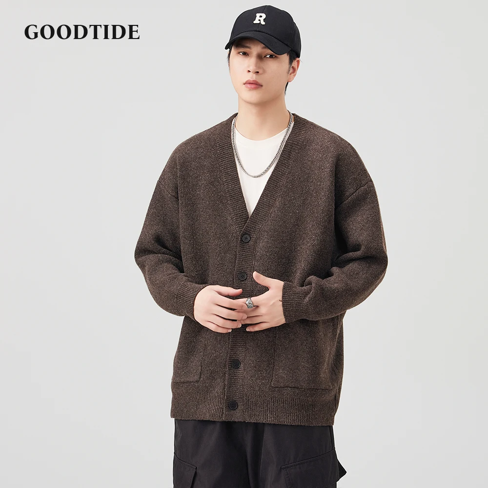 Fashion Men's Casual V - Neck Button Down Cardigan Winter New Loose Fit Knitted Sweater Jacket Long Sleeve Outerwear Pockets Top