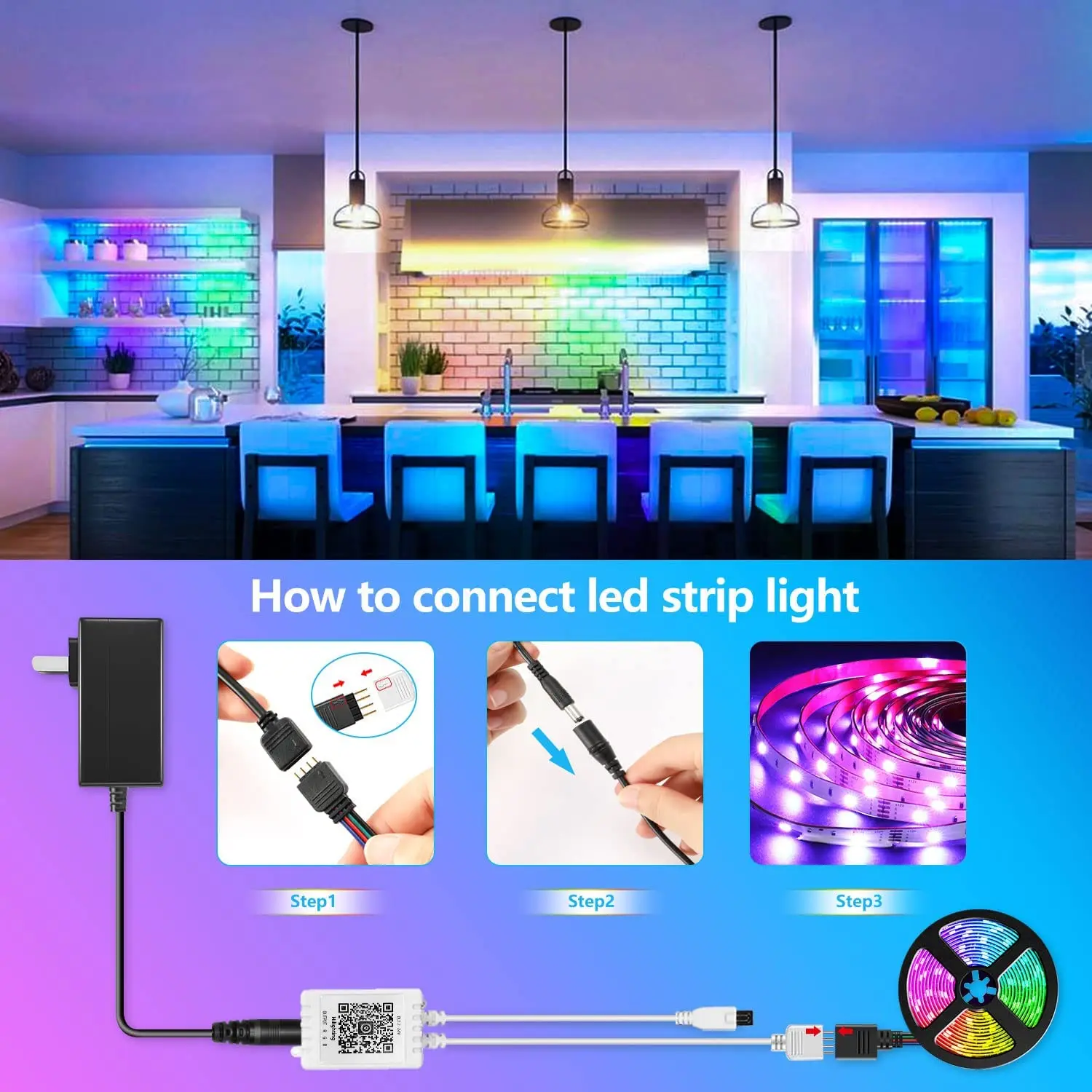 (EU Plug) LED Strip Light RGB 5050 Music Sync Color Changing Sensitive Built-in Mic, App Control Lights DC 24V With 44Keys