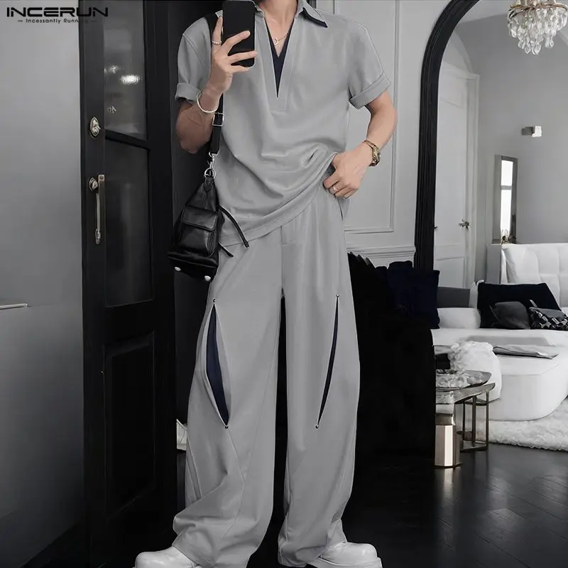 Men Sets Patchwork Lapel Short Sleeve Shirt & Pants Two Pieces Sets INCERUN Streetwear Loose 2026 Fashion Men Casual Suits S-5XL
