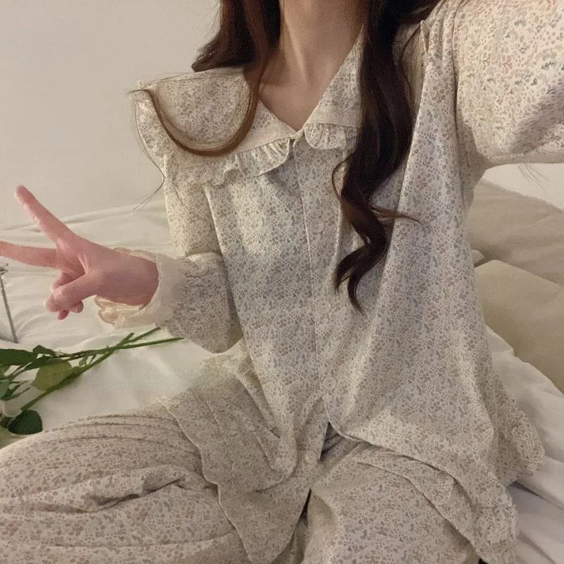 

2024 New Floral Pajamas Female Spring Autumn Sleepwear Cotton Long Sleeve Doll Collar Loungewear Sweet Lovely Falbala Homewear