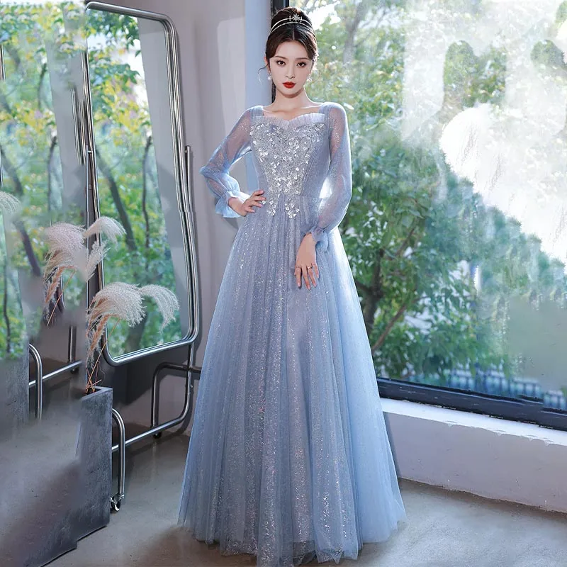 

Sequins Appliques Evening Dress Strapless Empire Full Sleeves Floor-Length Pleat A-Line Luxurious Woman Formal Party Gown A2554