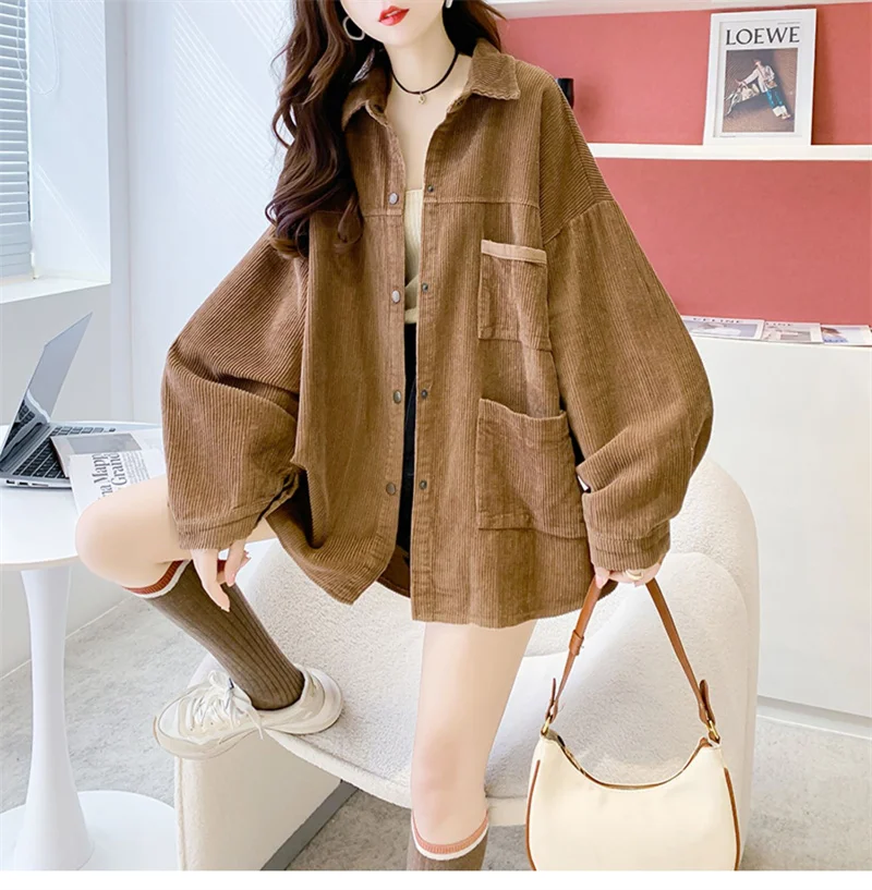 2024 New Solid Color Corduroy Shirt for Women with a Small Design Sense Loose Long sleeved Top Medium length Shirt Coat P512