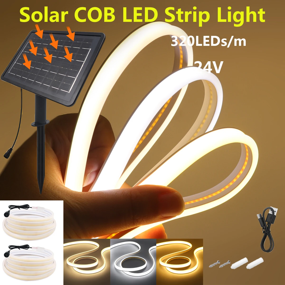 Double Side Glow Solar COB Neon Strip Light 24V Waterproof Warm Natural White 320LED/m Flex High Density Outdoor Linear Lighting