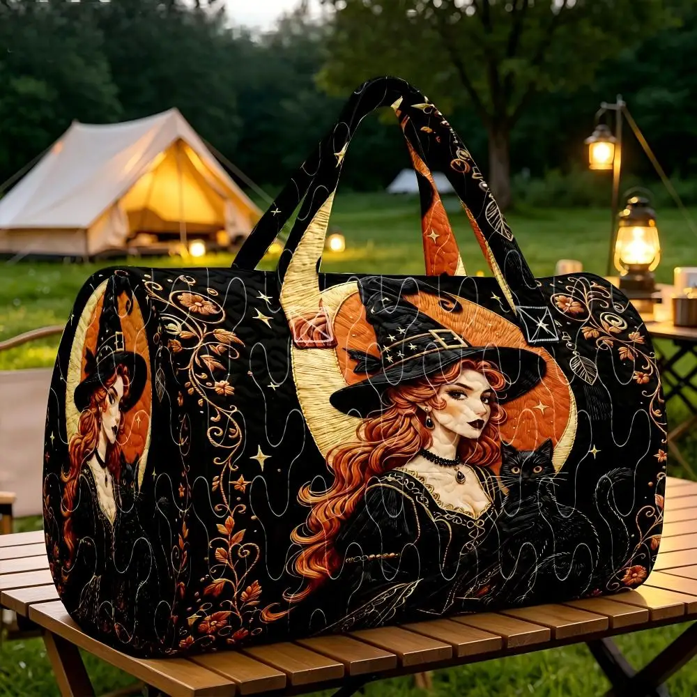 Halloween Quilted Cloth Women's Witch Black Cat Retro Dreamy Printed Large Capacity Portable Weekend Travel Handbag