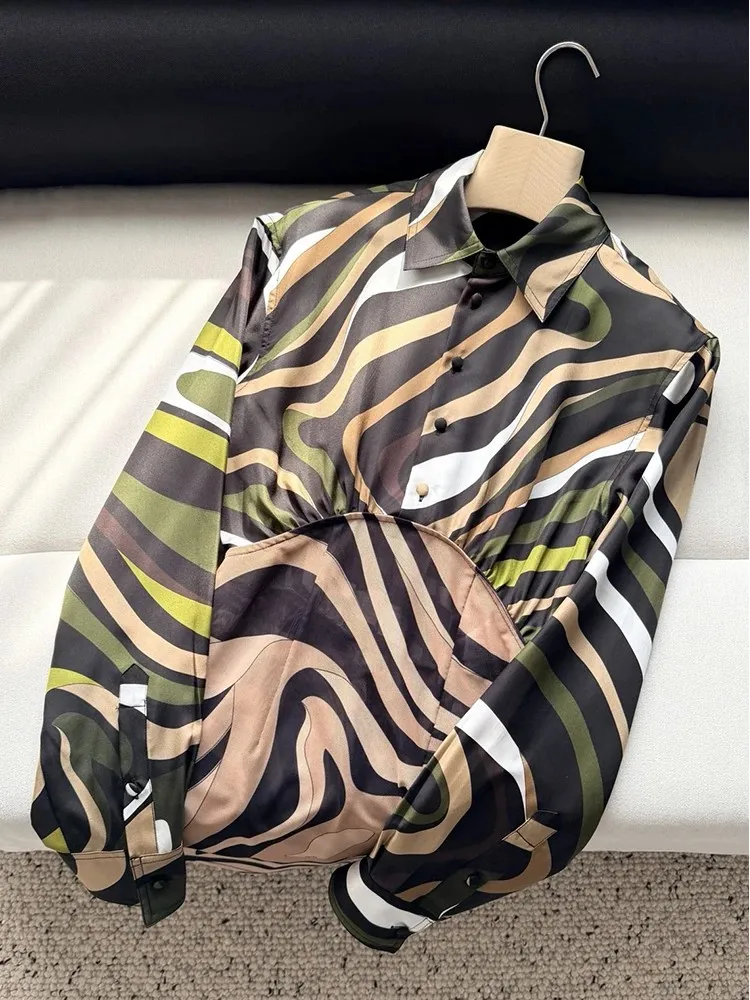 Spring Summer Fashion Party Geometric Print Silk Mini Pencil Dress Women's Lantern Sleeve Button High Waist Slim Short Dresses