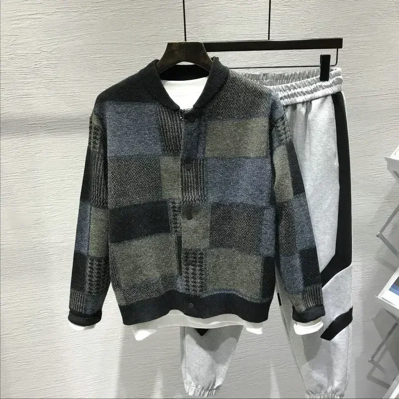 Knitted Sweaters for Men Collared Plaid Black Man Clothes Cardigan Large Big Size Heated Japanese Harajuku Fashion Overfit Baggy