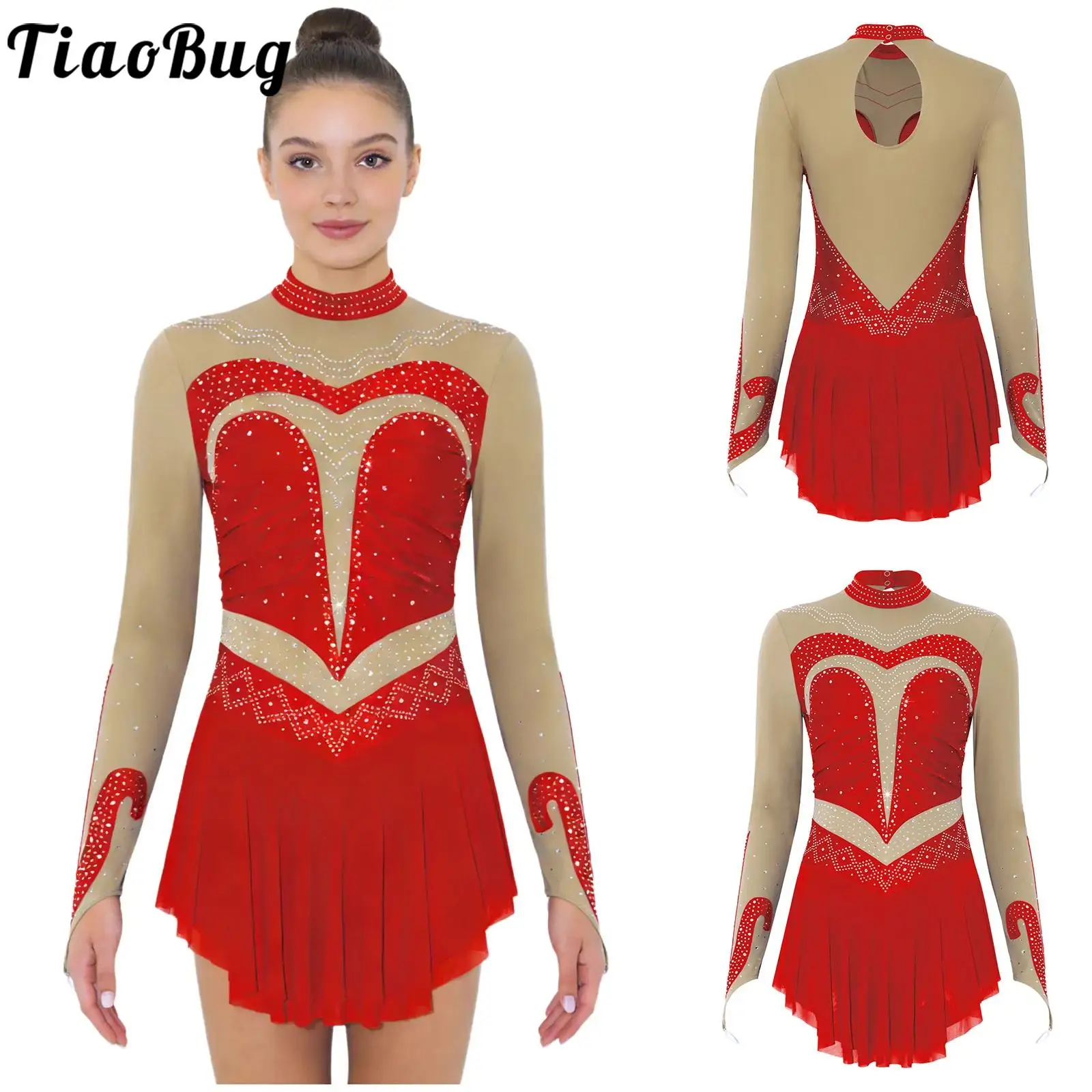 

Women Figure Skating Lyrical Performance Costume Bodysuit Dress Rhinestones Long Sleeve Tutu Mesh Skirts Leotards for Gymnastics
