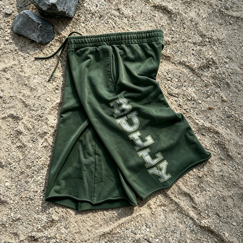 Y2K Retro Green Drawstring Shorts Reflective Print Distressed Bermuda Shorts American Casual Streetwear Unisex Baggy Sweatpants