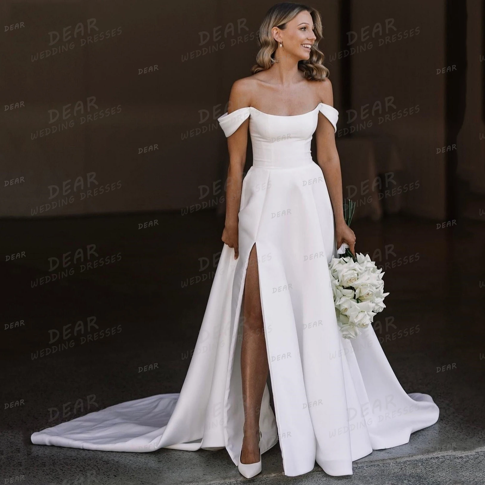 Luxury 2024 Wedding Dresses A Line For Woman Boat Neck Sexy Bridal Gowns Princess High Split Satin Formal Party Vestidos Novias