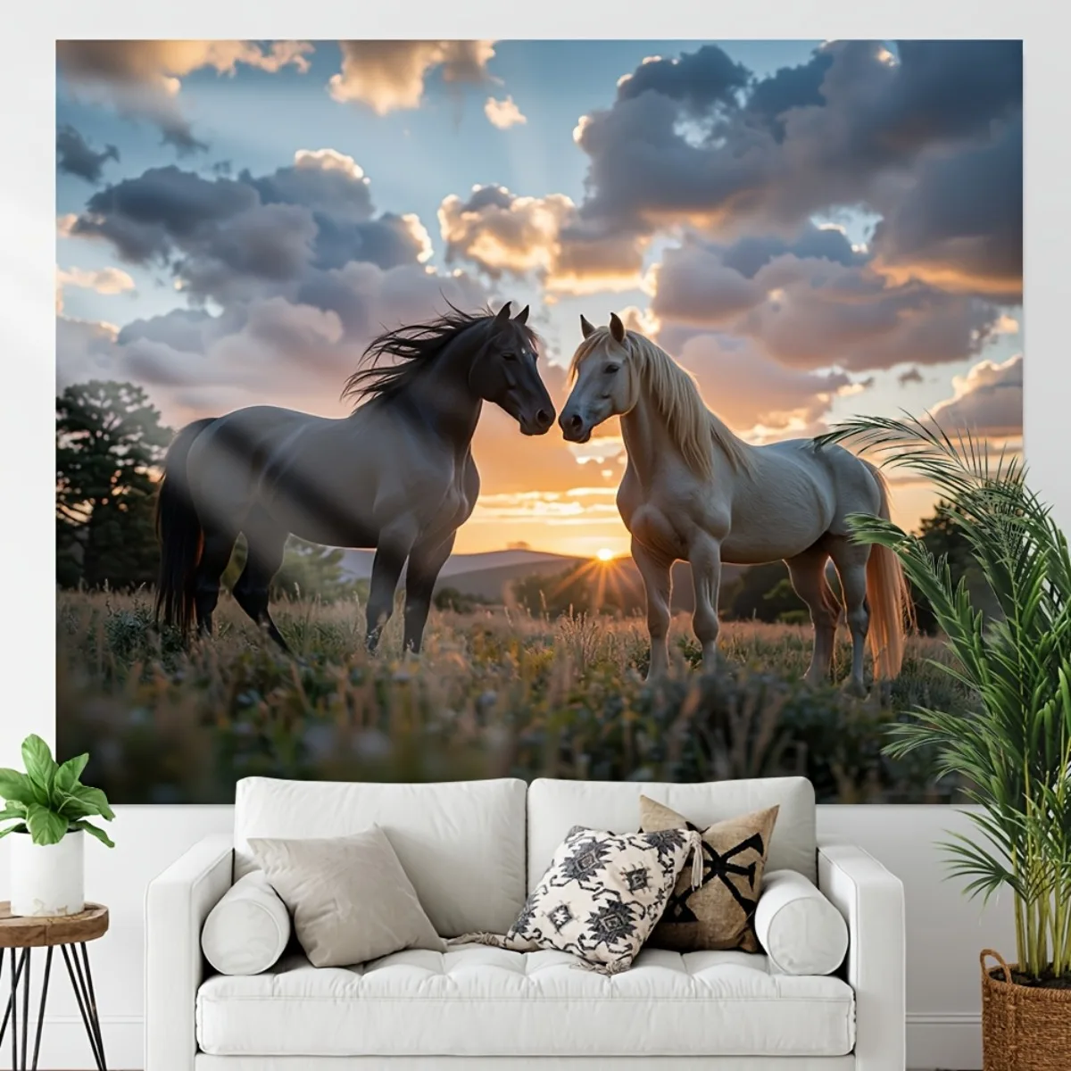 Large Majestic Horses Tapestry Wall Art Equestrian Decor Sunset Sky Picture For Bedroom Living Room Home Decoration Art