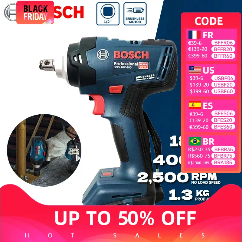 BOSCH GDS18V-400 Cordless Impact Wrench Bare Tool 18V 400Nm Brushless High Torque Electric Wrench Power Tools GDS 18V-400