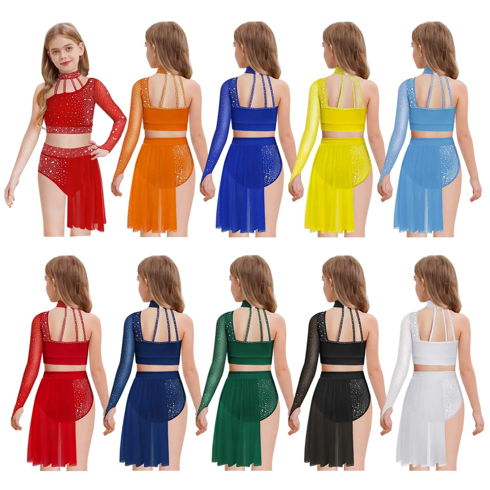 Kids Girls Sheer Mesh Dance Outfit Modern Lyrical One Shoulder Long Sleeve Shiny Rhinestone Crop Top with Irregular Skirt
